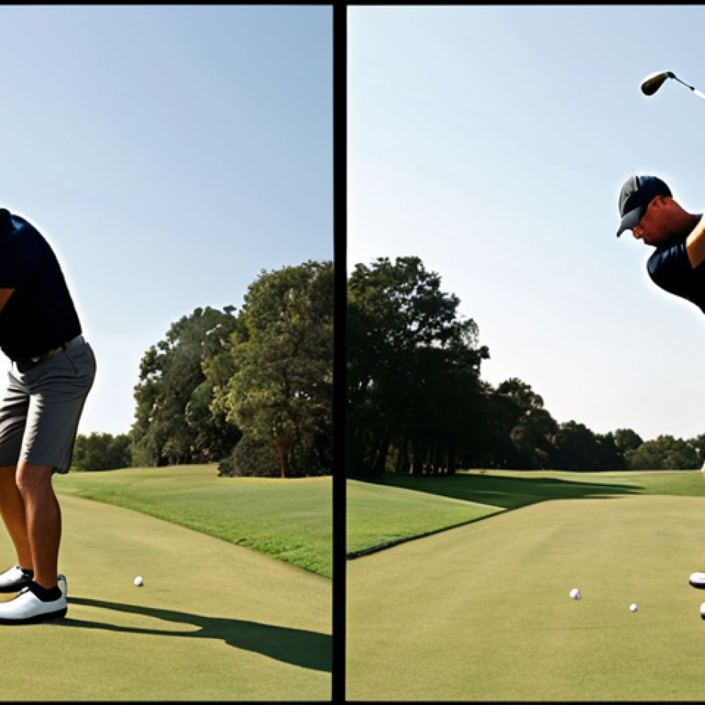 ** A golfer in mid-swing, focusing on proper posture and balance. Feet shoulder-width apart, knees slightly bent, spine tilted slightly forward, back straight. Weight balanced between feet. The scene emphasizes the importance of a stable foundation for a powerful swing.

**