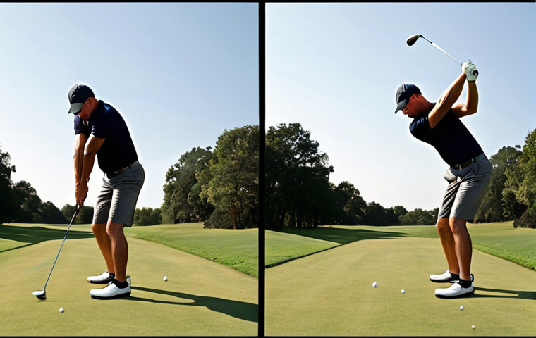 ** A golfer in mid-swing, focusing on proper posture and balance. Feet shoulder-width apart, knees slightly bent, spine tilted slightly forward, back straight. Weight balanced between feet. The scene emphasizes the importance of a stable foundation for a powerful swing.

**
