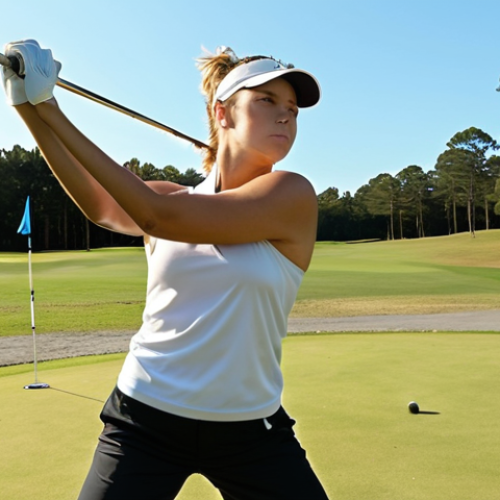 Home 14 **
Dynamic stretching before golf: A golfer performing arm circles and torso twists on the driving range, sunny day, athletic build, focused expression.
**